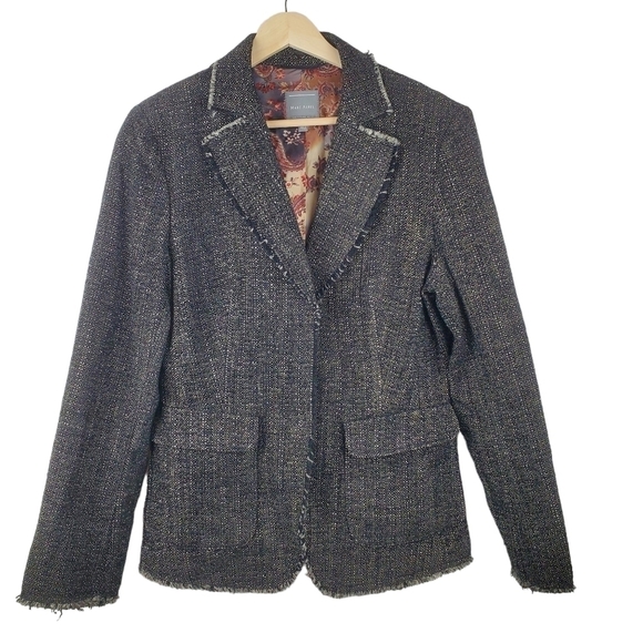 Marc Aurel Black Tweed Blazer Raw Hem Flap patch pocket Office Hidden Snap wool‎ - Picture 1 of 12